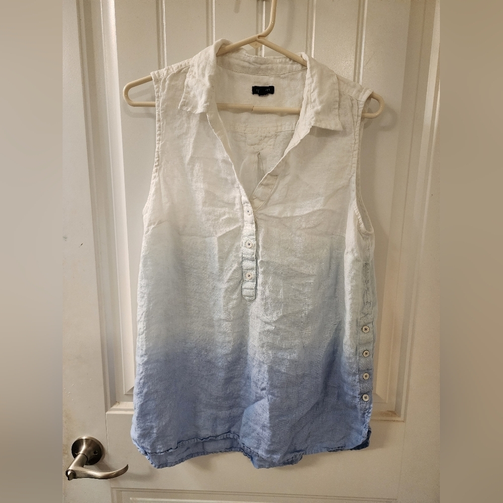 Talbots Linen Sleeveless Top Large Blue Ombre Button Detail Coastal Summer top